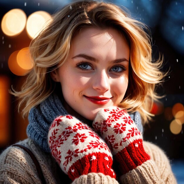 Smiling friendly woman wearing Mittens article of clothing fashion