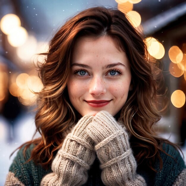 Smiling friendly woman wearing Mittens article of clothing fashion