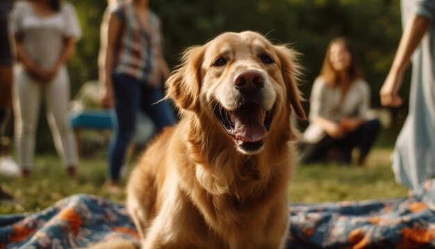 Smiling friends enjoy carefree summer with pets generated by AI