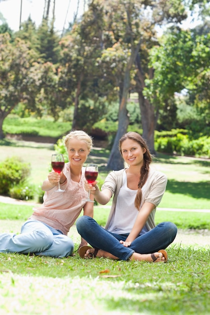 Amici sorridenti che hanno i vetri di vino rosso nel parco