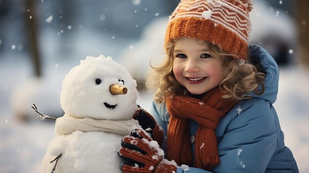 笑顔の面白い女の子が公園で雪だるまを作っています