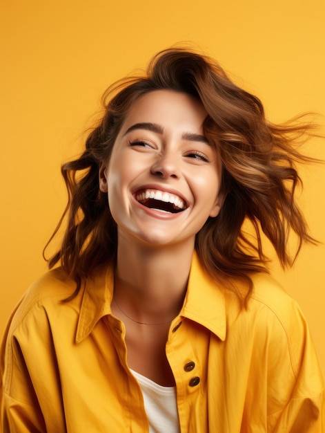 Smiling funny woman close up portrait isolated on yellow background