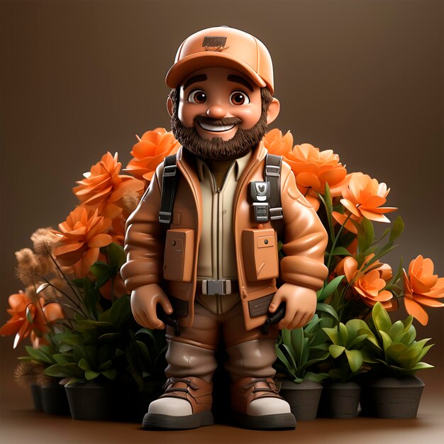 a smiling gardener looking forward with flowers in his garden man 3d render