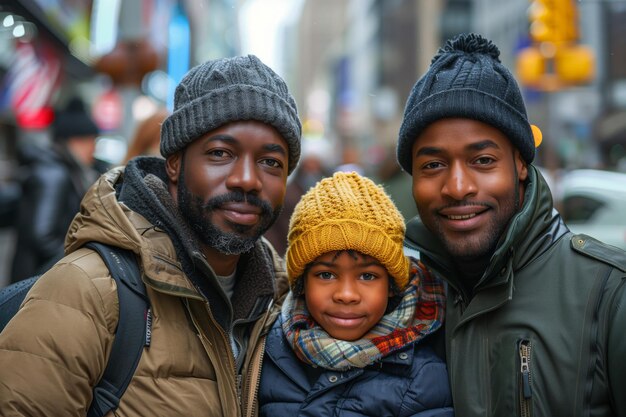 A smiling gay African American couple with their young son standing together on a busy city street