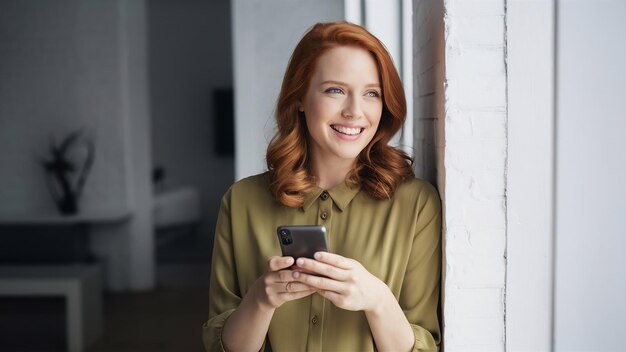 Photo smiling ginger girl chatting holding smartphone as if shopping online looking happy while messagi