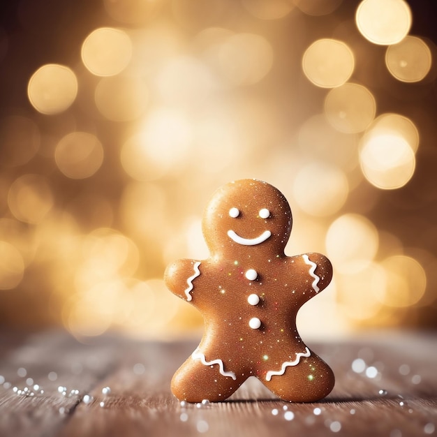 Smiling gingerbread man with lights in background Christmas and New Year theme Cute gingerbread man