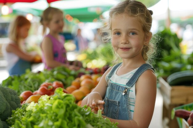 写真 新鮮な農産物を持った農家市場で笑顔の少女