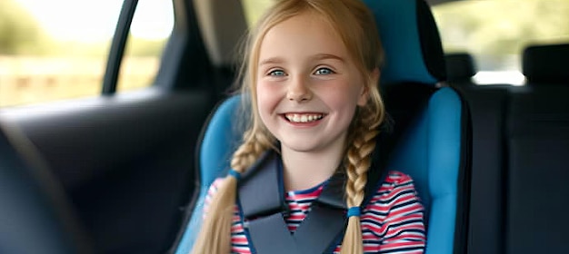 Улыбающаяся девушка в автомобильном кресле безопасности безопасная концепция путешествия с копировальным пространством для размещения текста