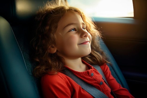 車席に座っている笑顔の女の子が子供の座席の安全装置にバックをつけた