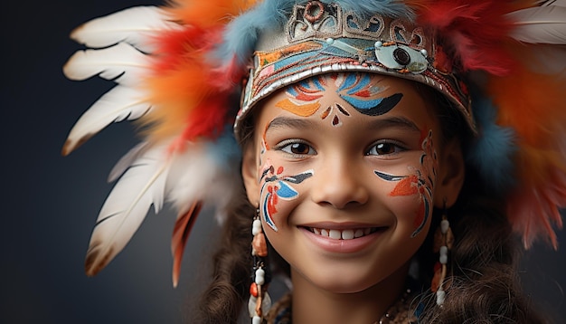 Smiling girl in colorful costume exudes happiness and confidence generated by artificial intelligence