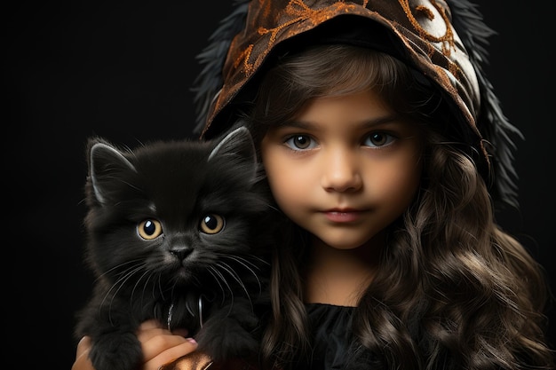 Smiling Girl in Costume with her Cat for Halloween Generative AI