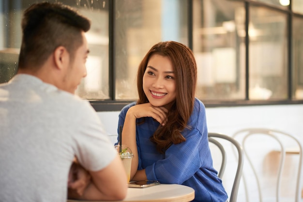 Smiling Girl At Date With Boyfriend