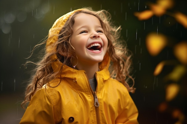 Smiling girl enjoys rain innocence and joy in nature