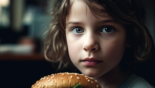 웃는 소녀는 AI가 생성한 건강에 해로운 햄버거를 실내에서 행복하게 즐깁니다.