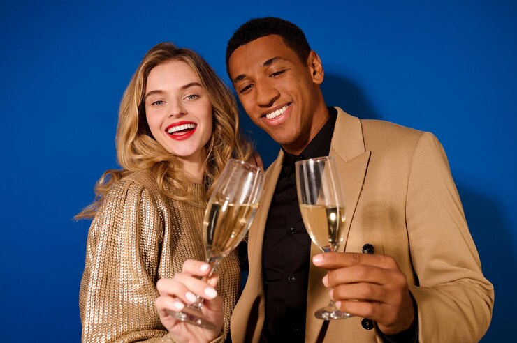 Smiling girl and guy holding glasses of champagne