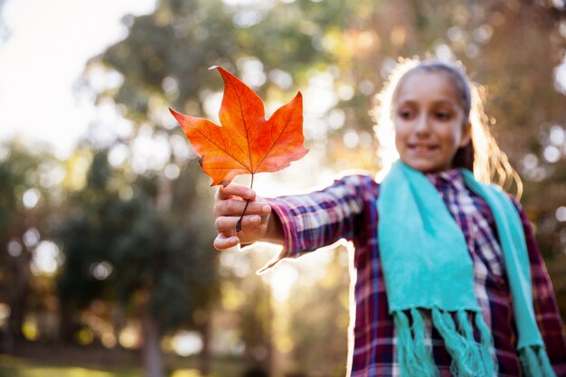 Smiling girl holding autumn leaf at park