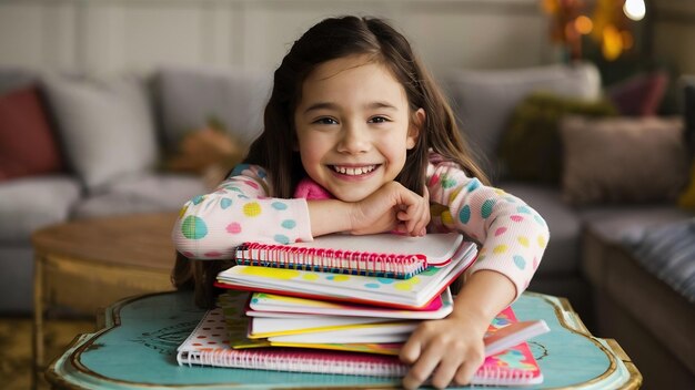 Smiling girl holding notebooks leaning on table