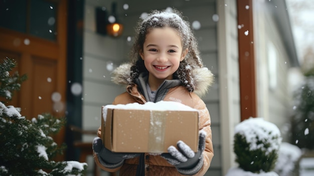 Photo smiling girl holding parcel box next to front door house entrance christmas holidays delivery black friday online shopping