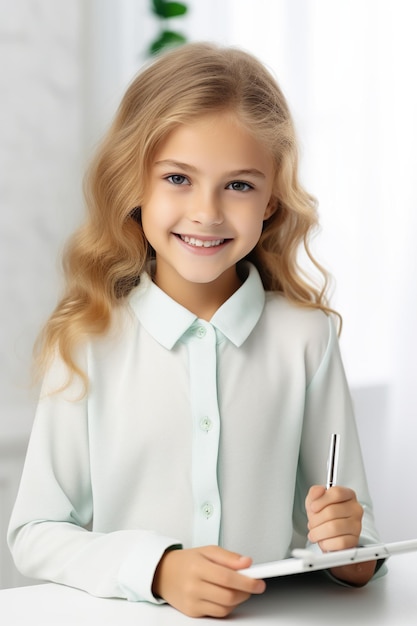 A smiling girl is writing on a tablet