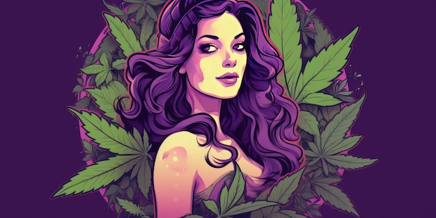 Smiling girl over marijuana leaves on purple background generative AI