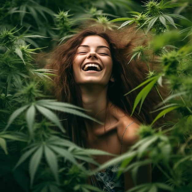 smiling girl in the middle of a marijuana field