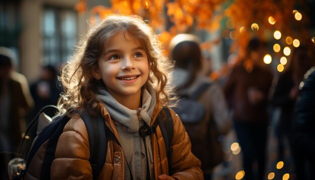 Улыбающаяся девушка на открытом воздухе, счастье осенью, глядя на камеру, созданную искусственным интеллектом.
