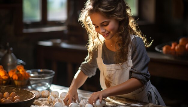 Photo smiling girl prepares homemade cookies in domestic kitchen generated by ai