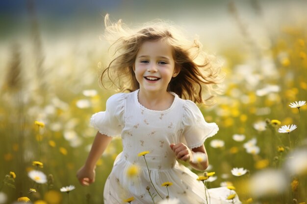 꽃과 함께 초원에서 달리는 미소 짓는 소녀 초상화 행복한 아이는 <unk>꽃 사이에서 손을 흔들고 가까운 아이