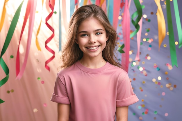 Photo smiling girl in soft pink tee with festive ribbons and confetti partywear fashion tshirt mockup