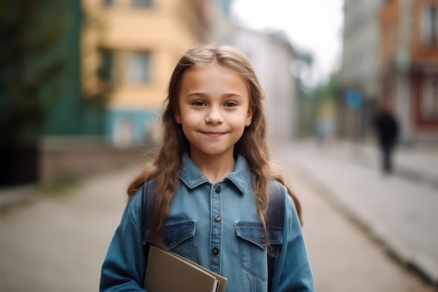 Улыбающаяся девушка стоит на улице и держит тетради. Ребенок на открытом воздухе возвращается в школу.