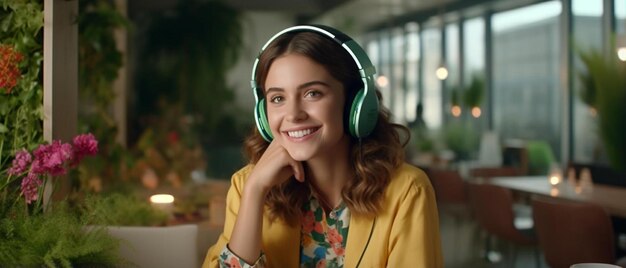 smiling girl student wear wireless headphone study online with skype teacher happy young woman learn