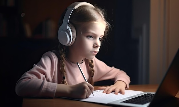 Smiling girl using headphones to participate in virtual classes Creating using generative AI tools