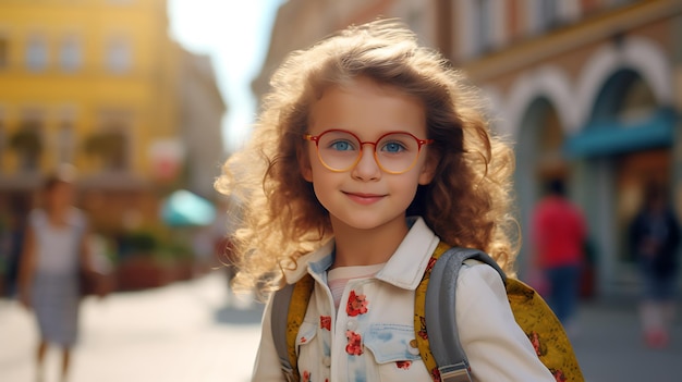 a smiling girl wearing glasses and carrying a school bag