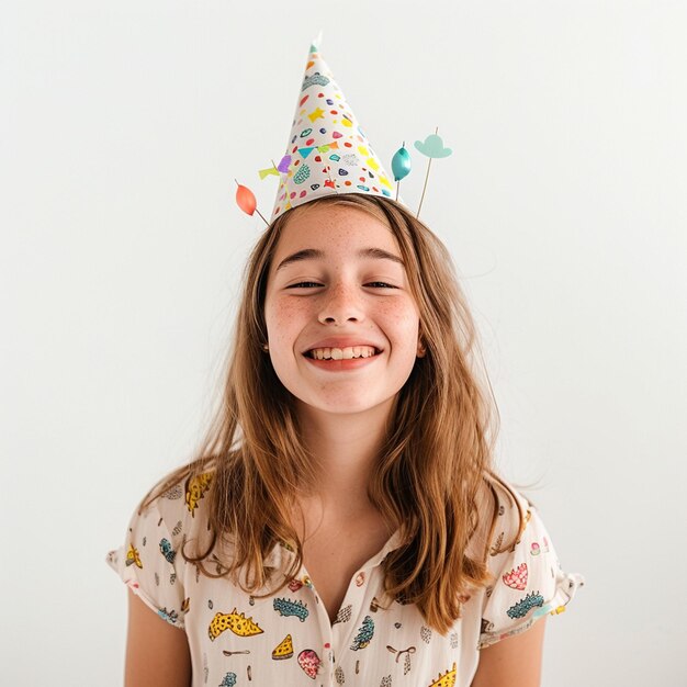 Smiling girl wearing a party hat on a white background