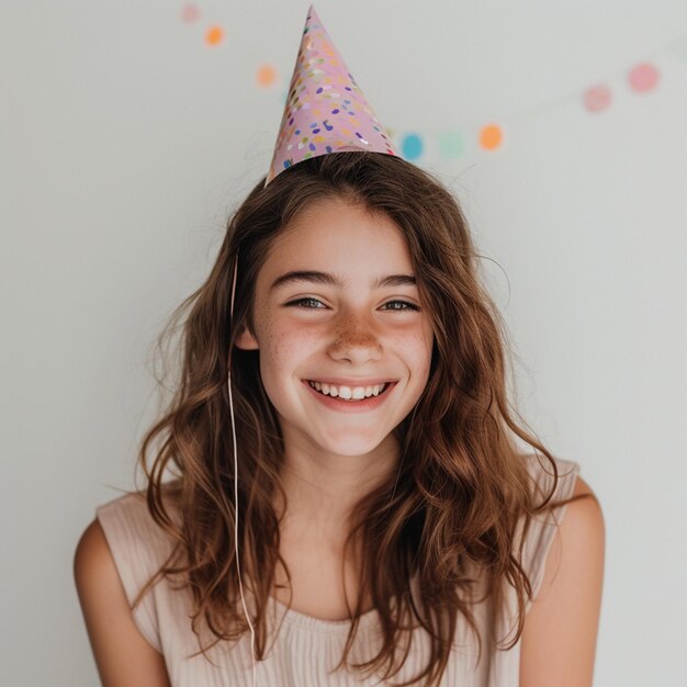 Smiling girl wearing a party hat on a white background