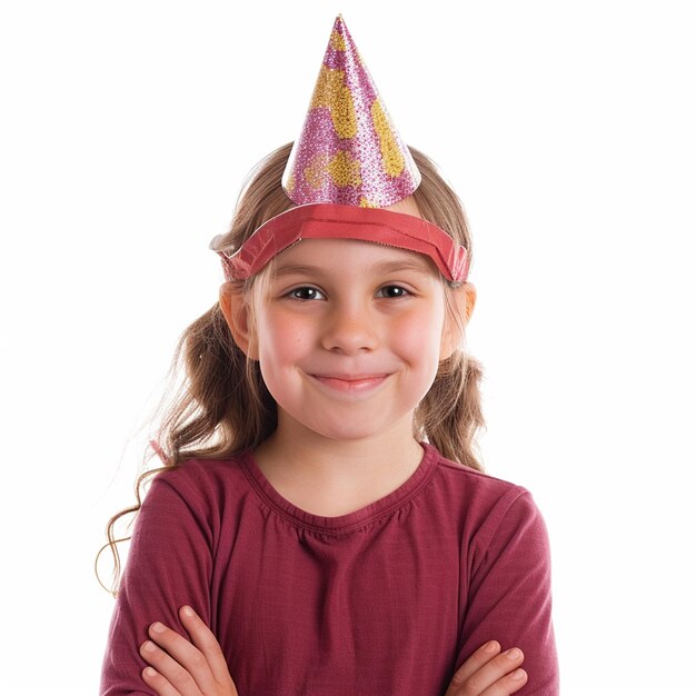 Smiling girl wearing a party hat on a white background