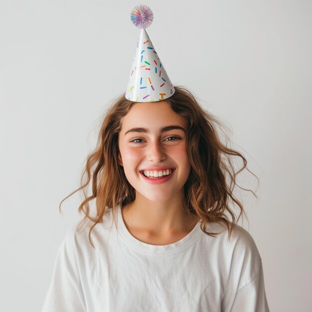 Smiling girl wearing a party hat on a white background
