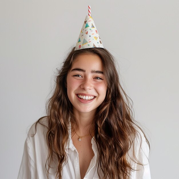 Smiling girl wearing a party hat on a white background