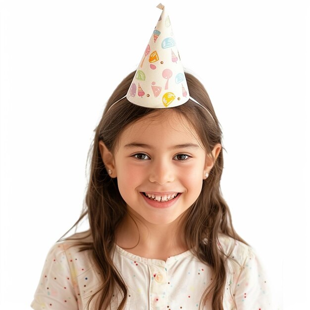 Smiling girl wearing a party hat on a white background