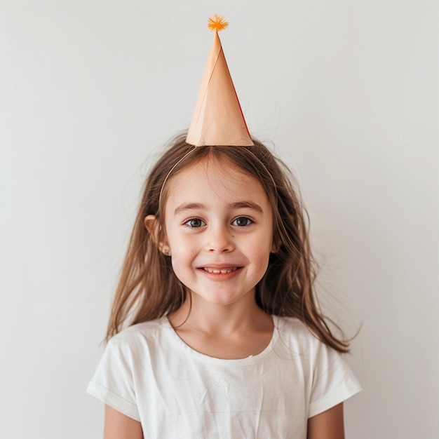 Smiling girl wearing a party hat on a white background