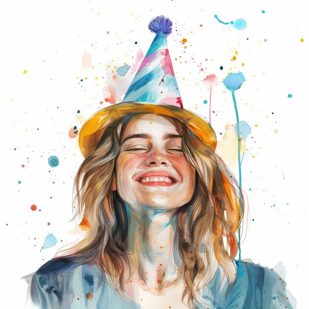 Smiling girl wearing a party hat on a white background