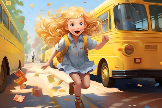 A smiling girl with a backpack runs away from the school bus Generative AI 9