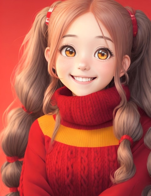 A smiling girl with cascading locks of hair twintails and a cheerful expression