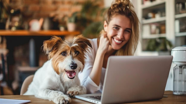 Smiling girl with dog using laptop and drinking coffee