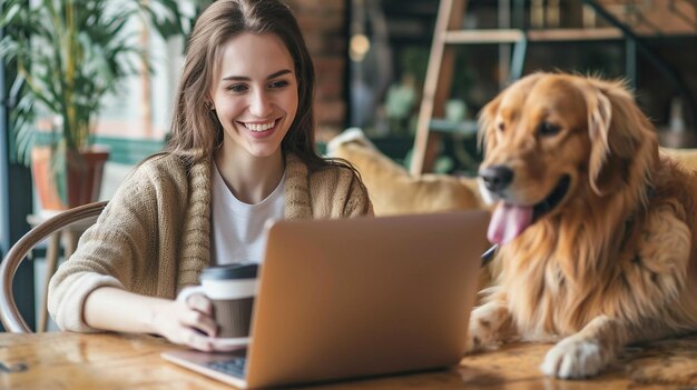 ノートパソコンを使ってコーヒーを飲んでいる犬と笑顔の女の子