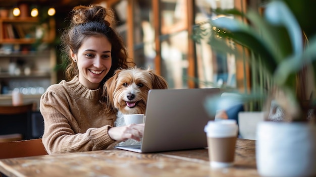 Улыбающаяся девушка с собакой использует ноутбук и пьет кофе