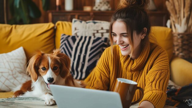 Smiling girl with dog using laptop and drinking coffee