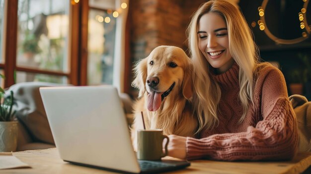 Smiling girl with dog using laptop and drinking coffee