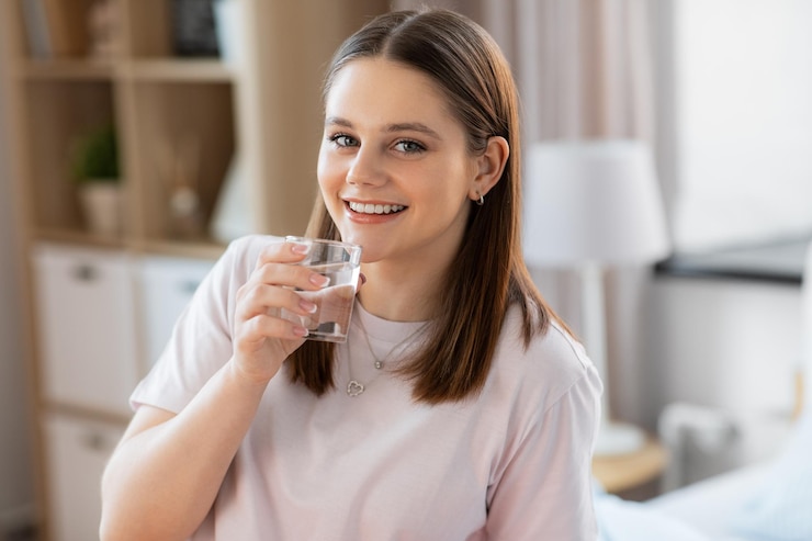 Photo smiling girl with glass drinking water at home