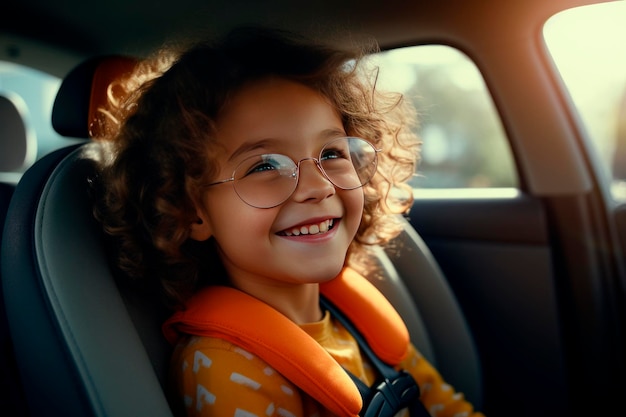 자동차 좌석 에 안경 을 쓴 미소 짓는 소녀 가 어린이 좌석 안전 장치 에 여 있다